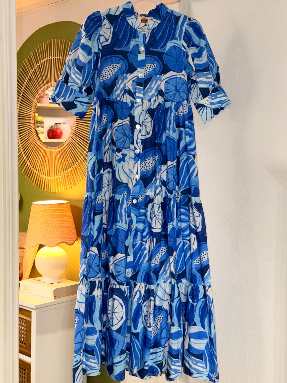 Blue printed button-down tiered maxi dress